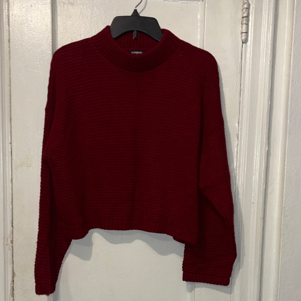 Express Women's Deep Red Cropped Crewneck Sweater